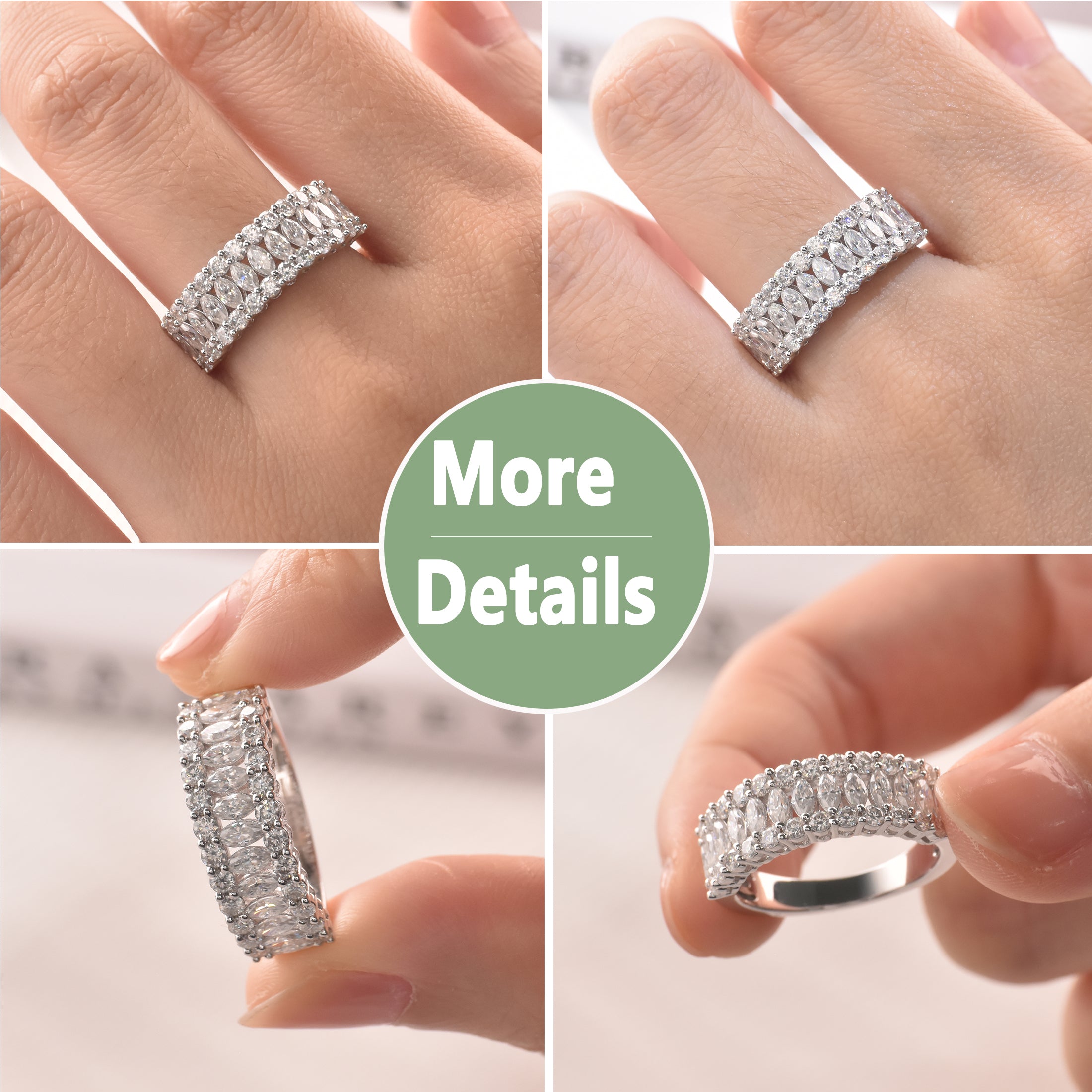 Blongme Moissanite Wedding Bands for Women 2.0ct Marquise Cut D Color VVS1 Three Row Eternity Wedding Ring