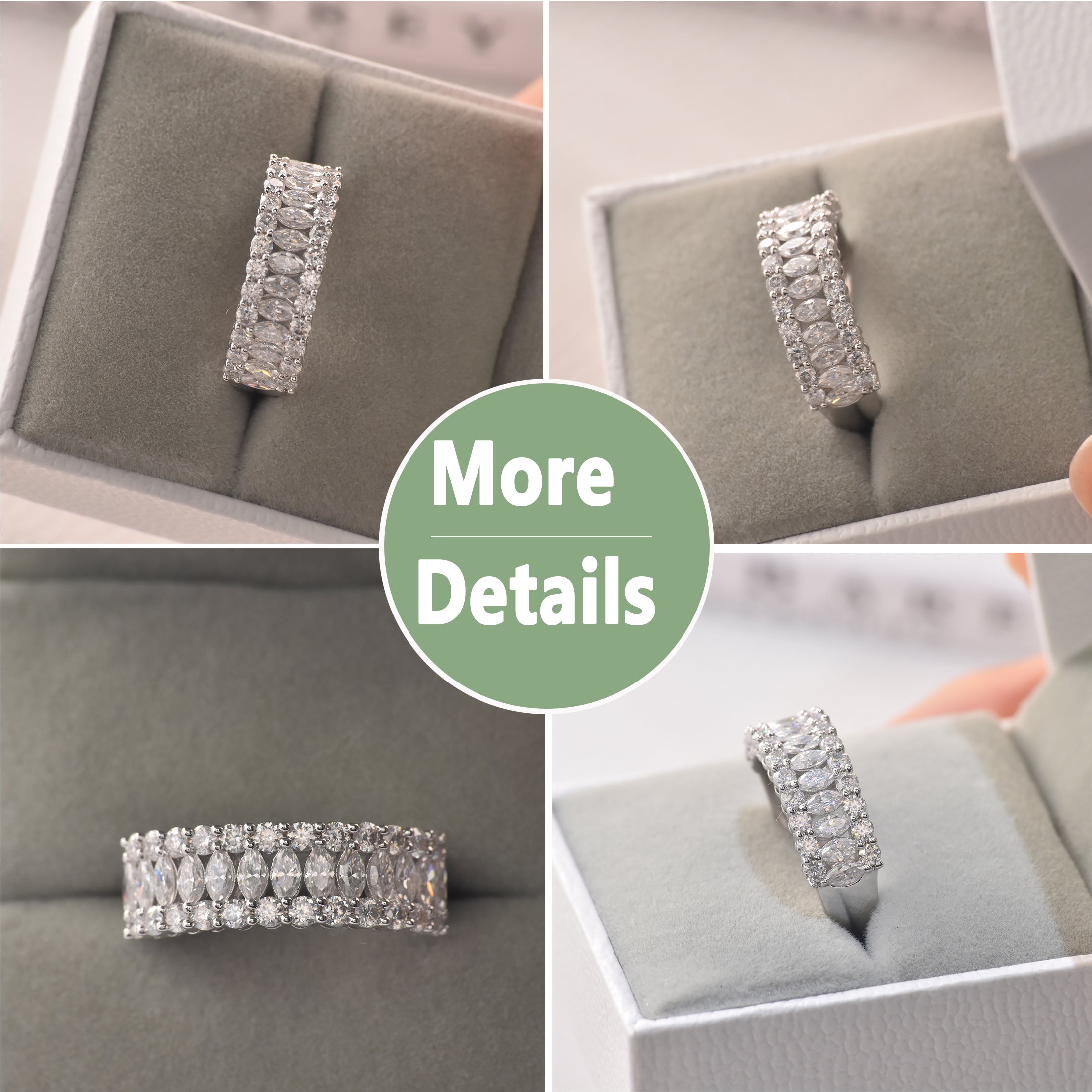 Blongme Moissanite Wedding Bands for Women 2.0ct Marquise Cut D Color VVS1 Three Row Eternity Wedding Ring