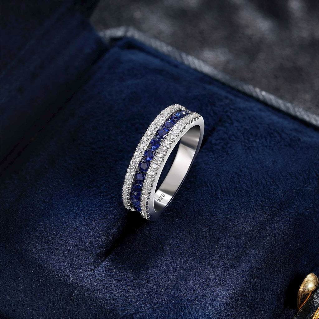 Blongme Jewelry Wedding Band for Women 925 Sterling Silver White Cubic Zirconia and Blue Created Sapphire Eternity Rings For Her Size 5-10