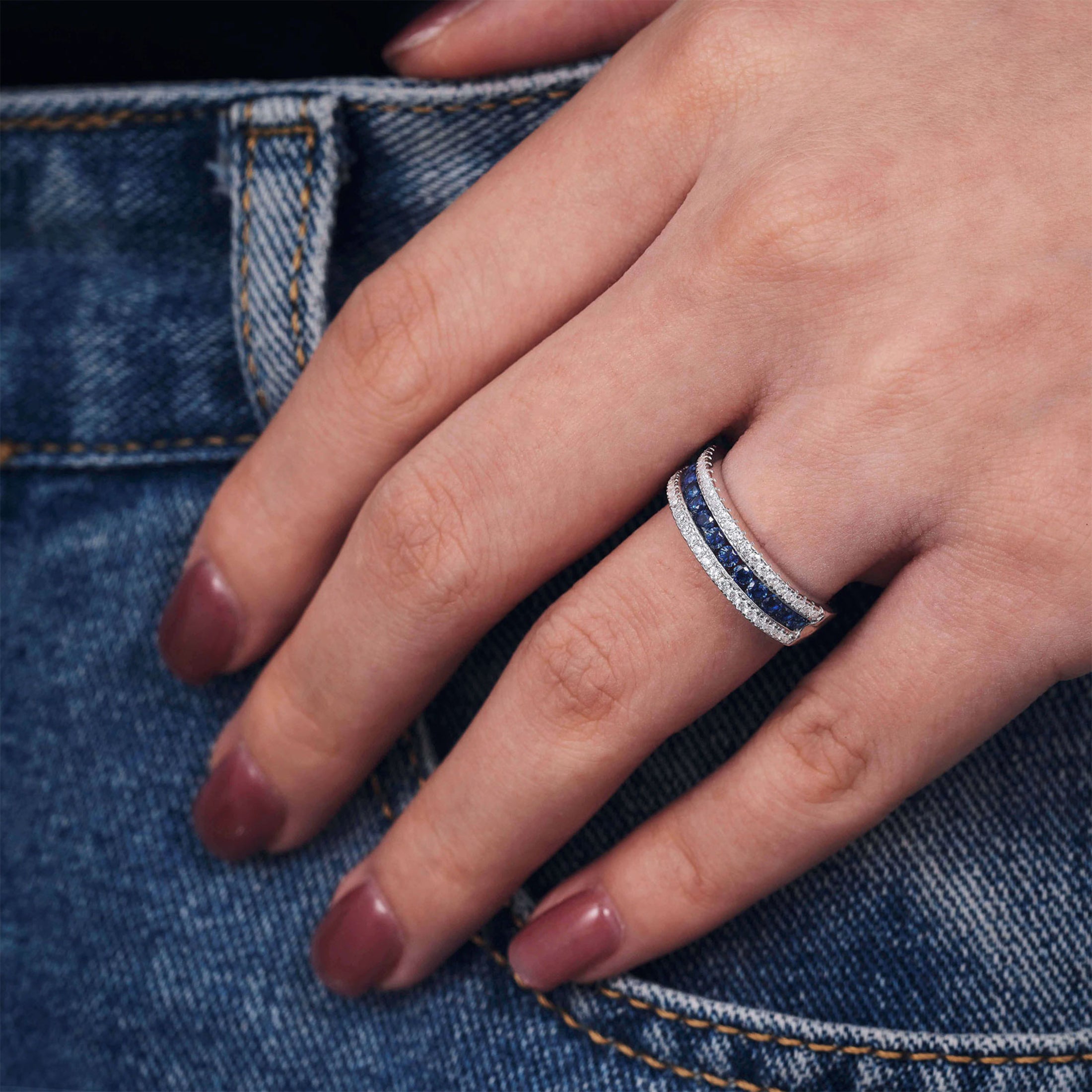 Blongme Jewelry Wedding Band for Women 925 Sterling Silver White Cubic Zirconia and Blue Created Sapphire Eternity Rings For Her Size 5-10