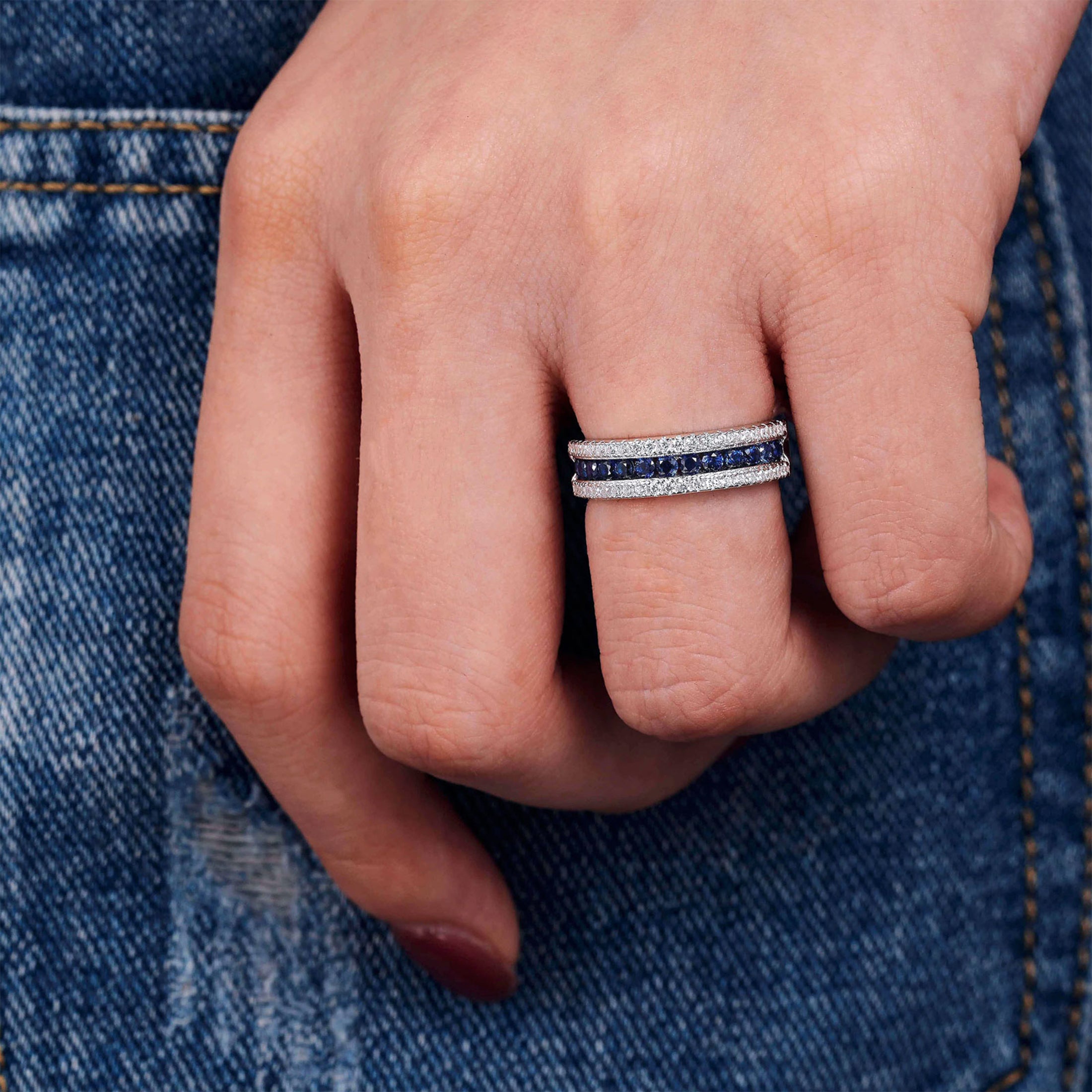 Blongme Jewelry Wedding Band for Women 925 Sterling Silver White Cubic Zirconia and Blue Created Sapphire Eternity Rings For Her Size 5-10