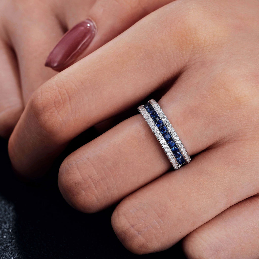 Blongme Jewelry Wedding Band for Women 925 Sterling Silver White Cubic Zirconia and Blue Created Sapphire Eternity Rings For Her Size 5-10