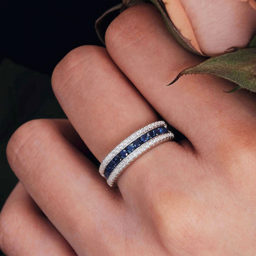 Blongme Jewelry Wedding Band for Women 925 Sterling Silver White Cubic Zirconia and Blue Created Sapphire Eternity Rings For Her Size 5-10