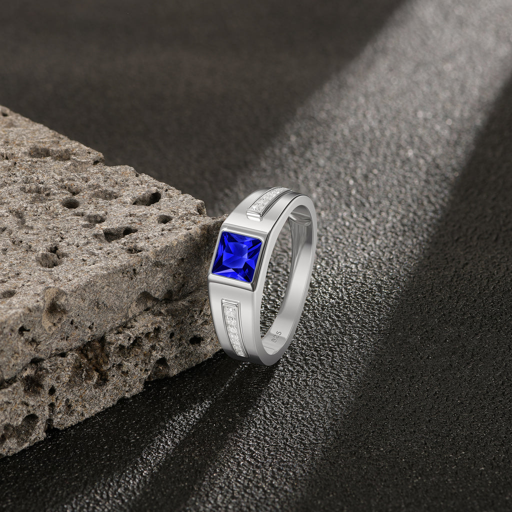 Blongme Jewelry Trend Men Engagement Rings 925 Sterling Silver 6*6mm 1.25 CT Princess Cut Blue Synthetic Spinel Eternity Wedding Band for Him Ring Size 8-12