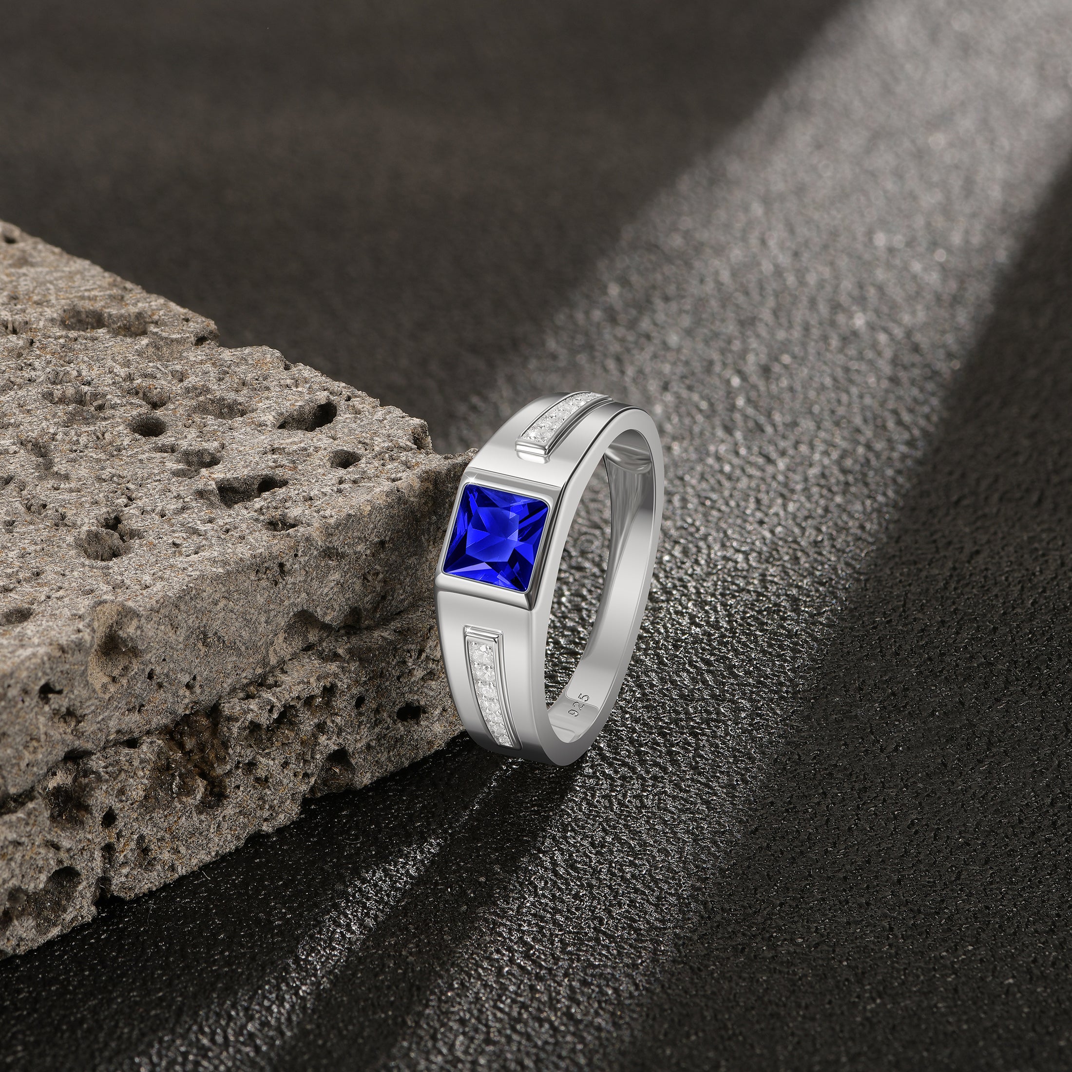 Blongme Jewelry Trend Men Engagement Rings 925 Sterling Silver 6*6mm 1.25 CT Princess Cut Blue Synthetic Spinel Eternity Wedding Band for Him Ring Size 8-12