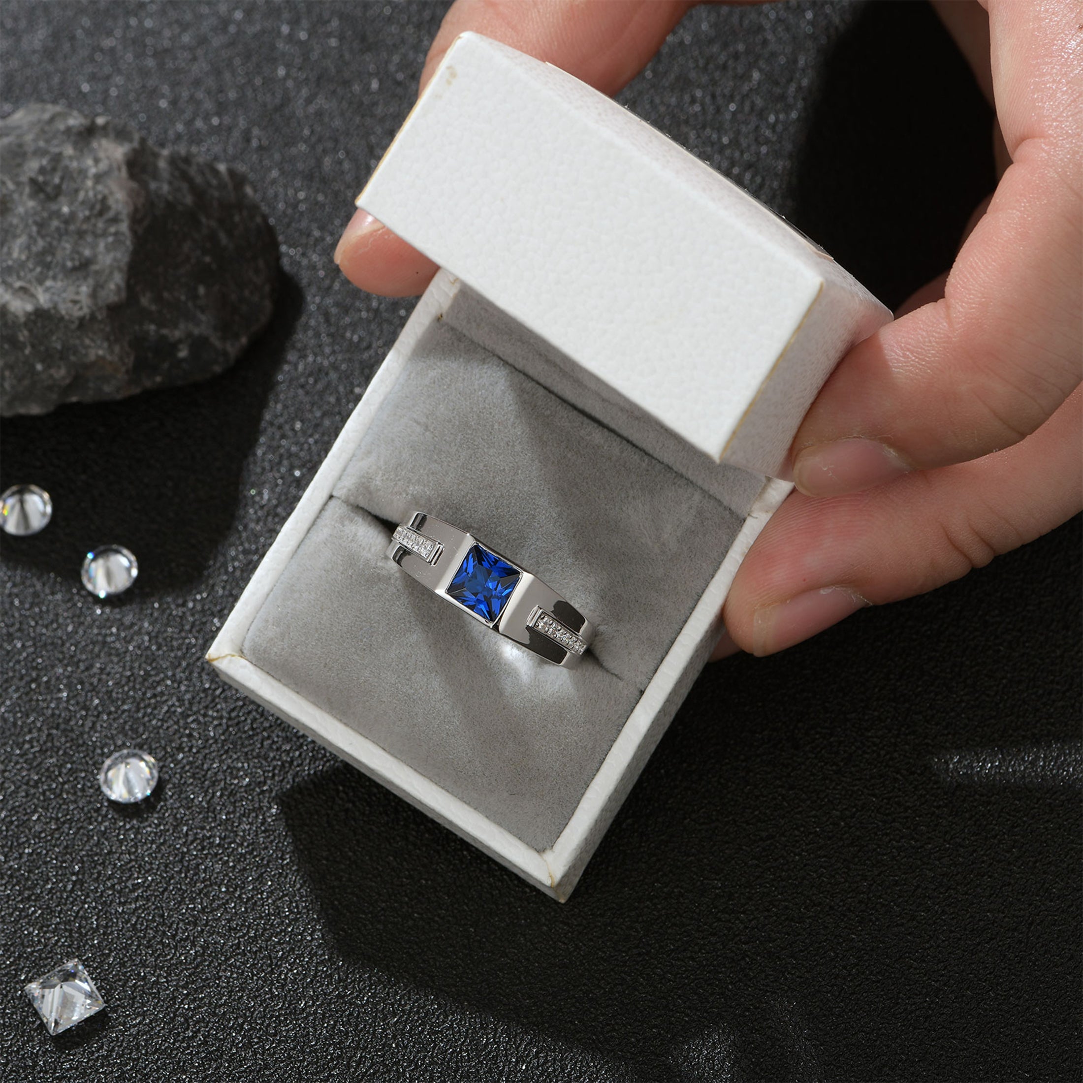 Blongme Jewelry Trend Men Engagement Rings 925 Sterling Silver 6*6mm 1.25 CT Princess Cut Blue Synthetic Spinel Eternity Wedding Band for Him Ring Size 8-12