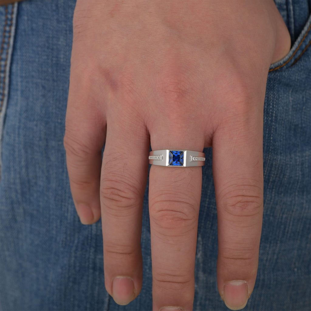 Blongme Jewelry Trend Men Engagement Rings 925 Sterling Silver 6*6mm 1.25 CT Princess Cut Blue Synthetic Spinel Eternity Wedding Band for Him Ring Size 8-12