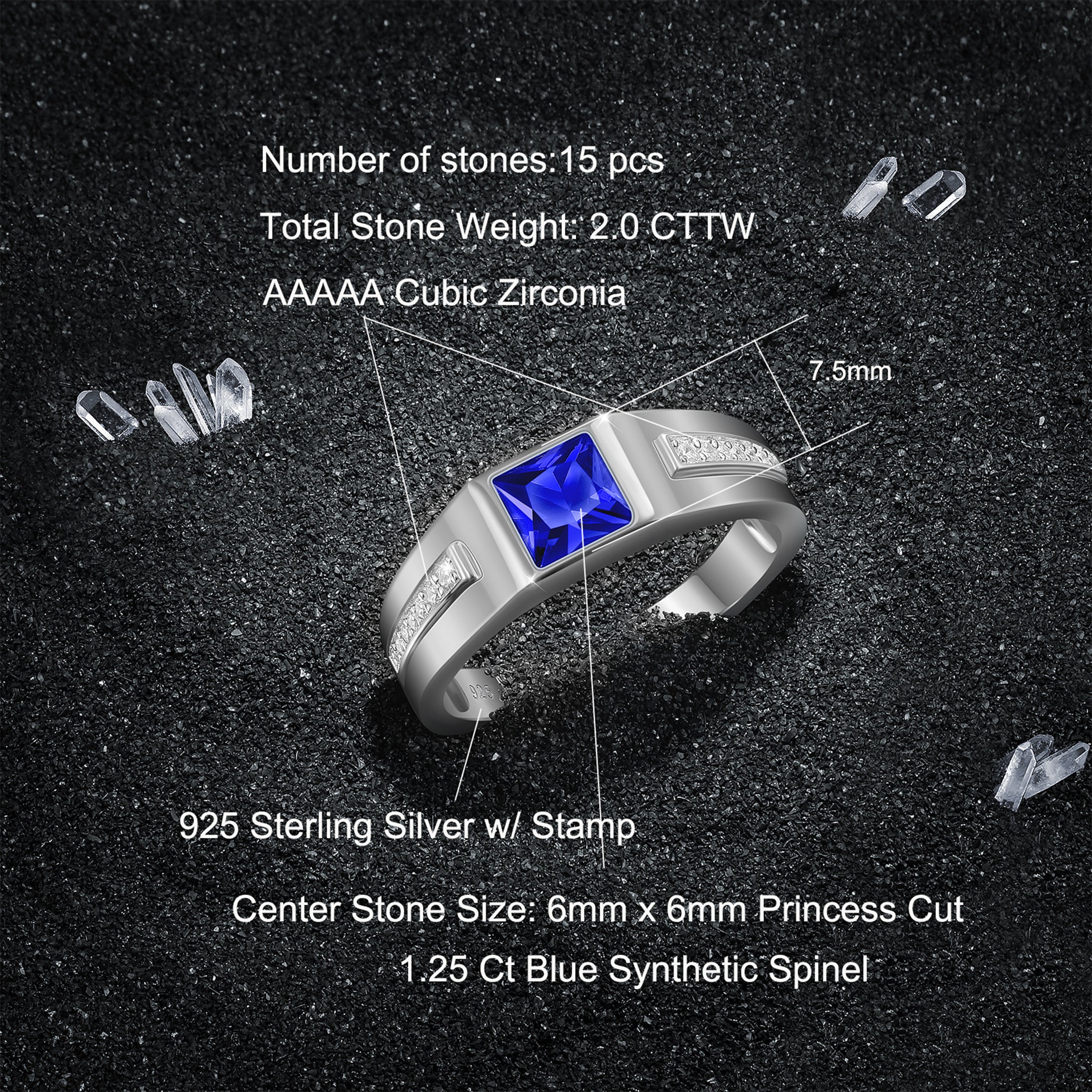 Blongme Jewelry Trend Men Engagement Rings 925 Sterling Silver 6*6mm 1.25 CT Princess Cut Blue Synthetic Spinel Eternity Wedding Band for Him Ring Size 8-12