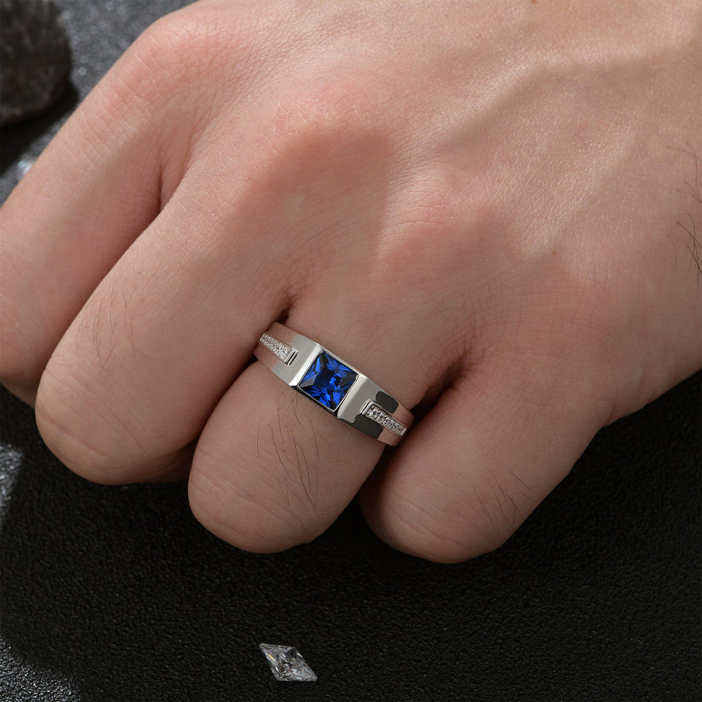 Blongme Jewelry Trend Men Engagement Rings 925 Sterling Silver 6*6mm 1.25 CT Princess Cut Blue Synthetic Spinel Eternity Wedding Band for Him Ring Size 8-12