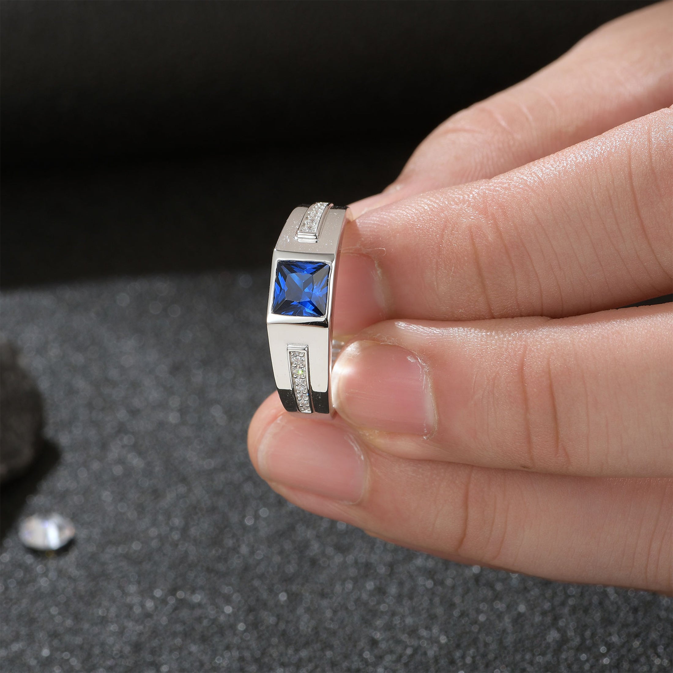 Blongme Jewelry Trend Men Engagement Rings 925 Sterling Silver 6*6mm 1.25 CT Princess Cut Blue Synthetic Spinel Eternity Wedding Band for Him Ring Size 8-12