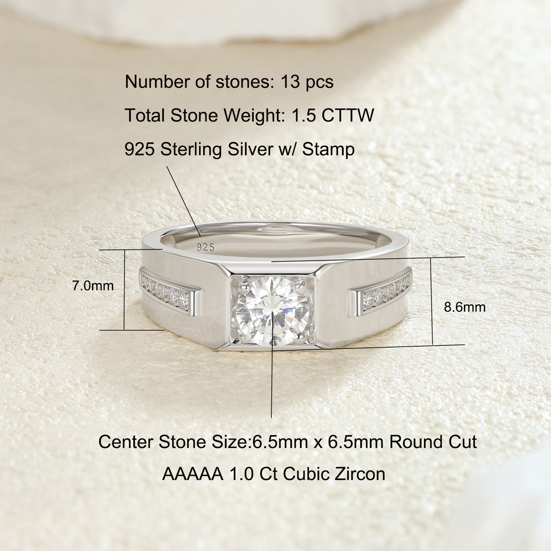 Blongme Jewelry Mens Wedding Bands 925 Sterling Silver Men Rings for Him 1.5ct Round AAAAA Cubic Zirconia Engagement Promise Rings For Him Size 9-12