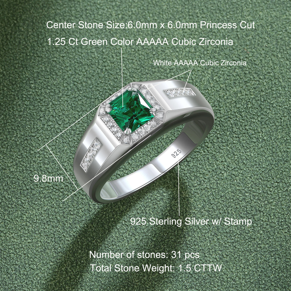 Blongme Jewelry Trendy Men Engagement Rings 925 Sterling Silver 6*6mm 1.25 CT Princess Cut Green Cubic Zirconia Wedding Band for Him Ring Size 8-12