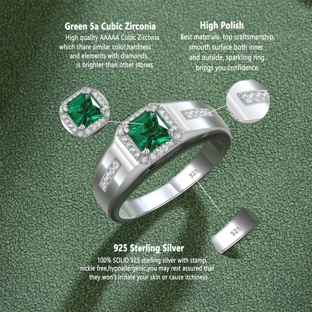 Blongme Jewelry Trendy Men Engagement Rings 925 Sterling Silver 6*6mm 1.25 CT Princess Cut Green Cubic Zirconia Wedding Band for Him Ring Size 8-12