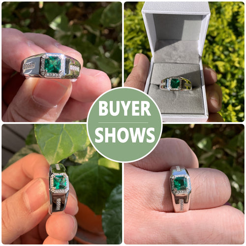 Blongme Jewelry Trendy Men Engagement Rings 925 Sterling Silver 6*6mm 1.25 CT Princess Cut Green Cubic Zirconia Wedding Band for Him Ring Size 8-12