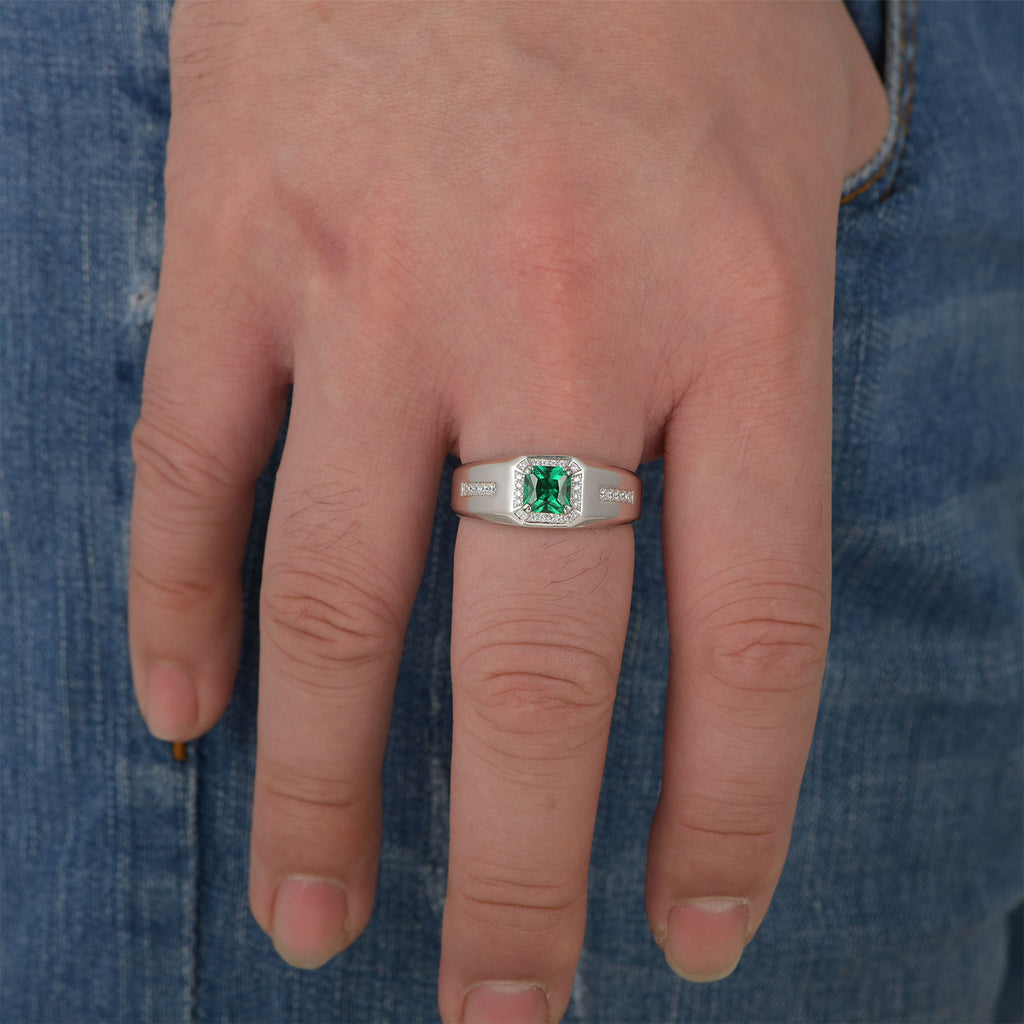 Blongme Jewelry Trendy Men Engagement Rings 925 Sterling Silver 6*6mm 1.25 CT Princess Cut Green Cubic Zirconia Wedding Band for Him Ring Size 8-12