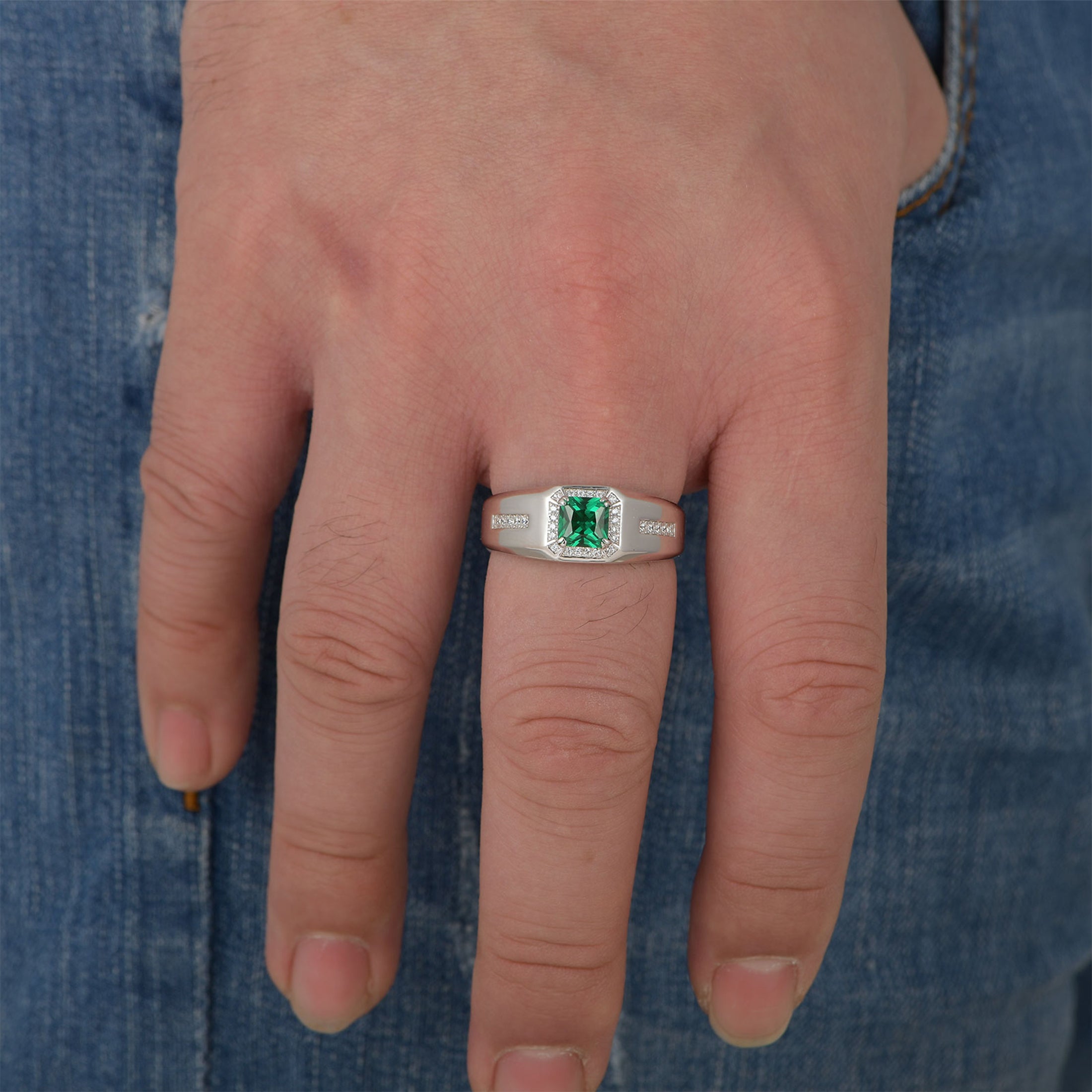 Blongme Jewelry Trendy Men Engagement Rings 925 Sterling Silver 6*6mm 1.25 CT Princess Cut Green Cubic Zirconia Wedding Band for Him Ring Size 8-12