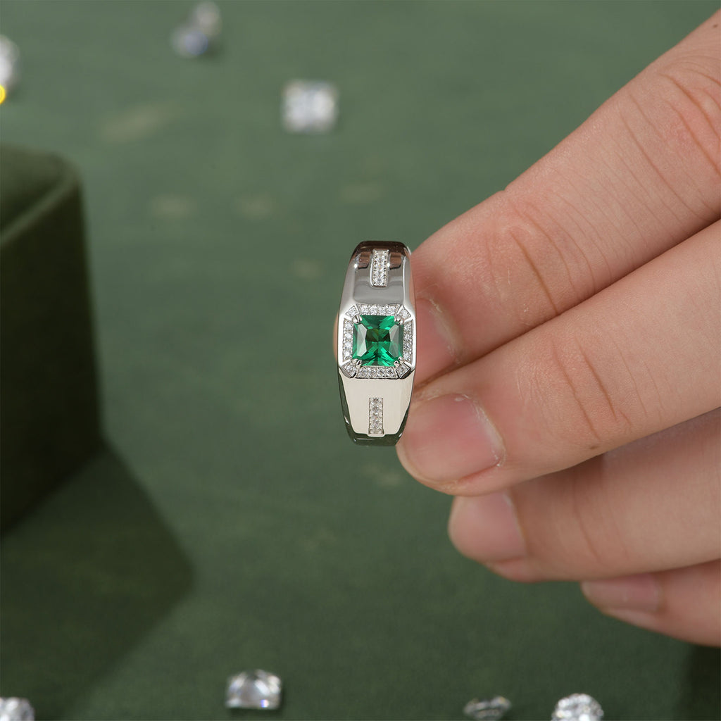 Blongme Jewelry Trendy Men Engagement Rings 925 Sterling Silver 6*6mm 1.25 CT Princess Cut Green Cubic Zirconia Wedding Band for Him Ring Size 8-12