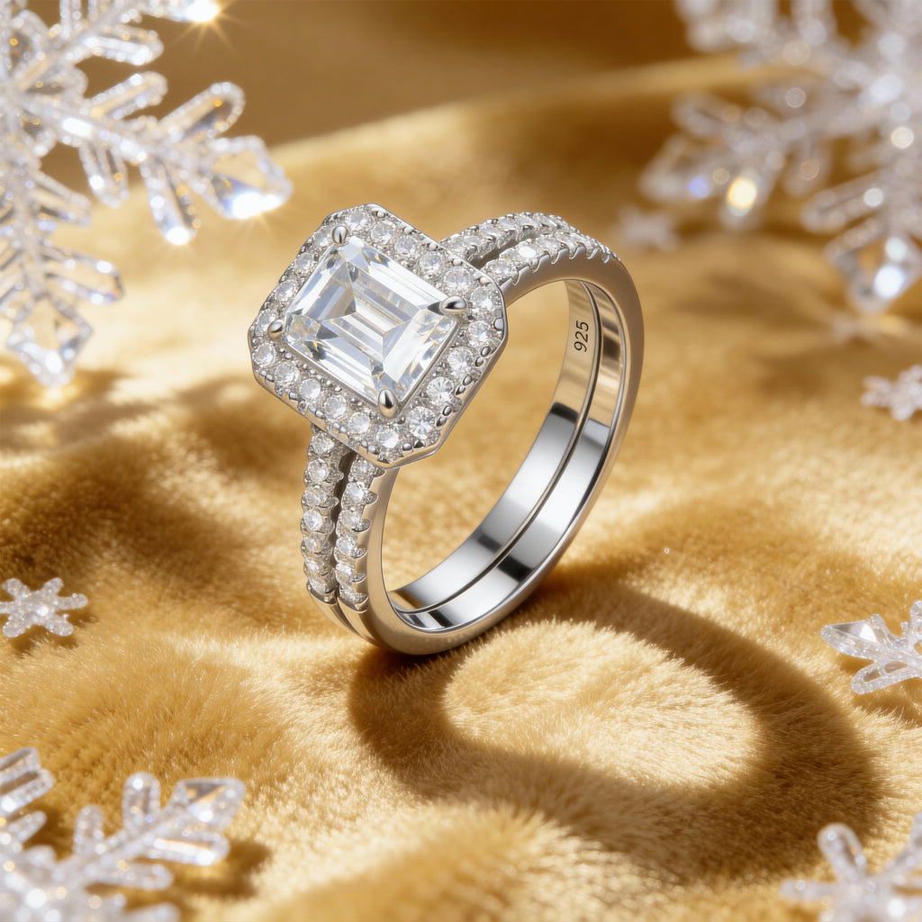 Blongme Jewelry Wedding Rings for Women 925 Sterling Silver Emerald Cut 3.0ct AAAAA Cubic Zirconia Engagement Ring Enhancer Band Bridal Set Size 5-10