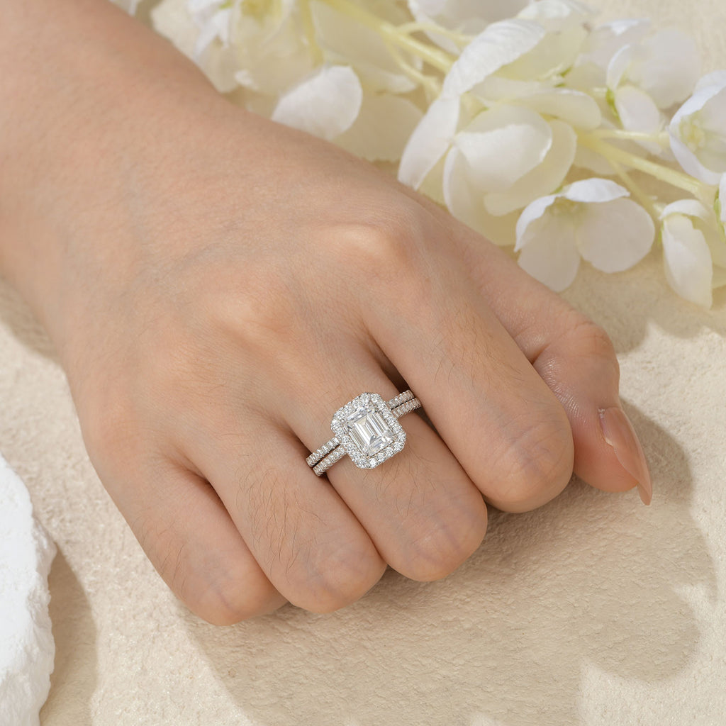 Blongme Jewelry Wedding Rings for Women 925 Sterling Silver Emerald Cut 3.0ct AAAAA Cubic Zirconia Engagement Ring Enhancer Band Bridal Set Size 5-10