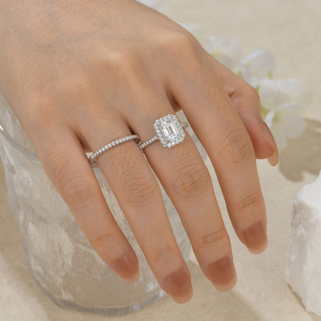 Blongme Jewelry Wedding Rings for Women 925 Sterling Silver Emerald Cut 3.0ct AAAAA Cubic Zirconia Engagement Ring Enhancer Band Bridal Set Size 5-10