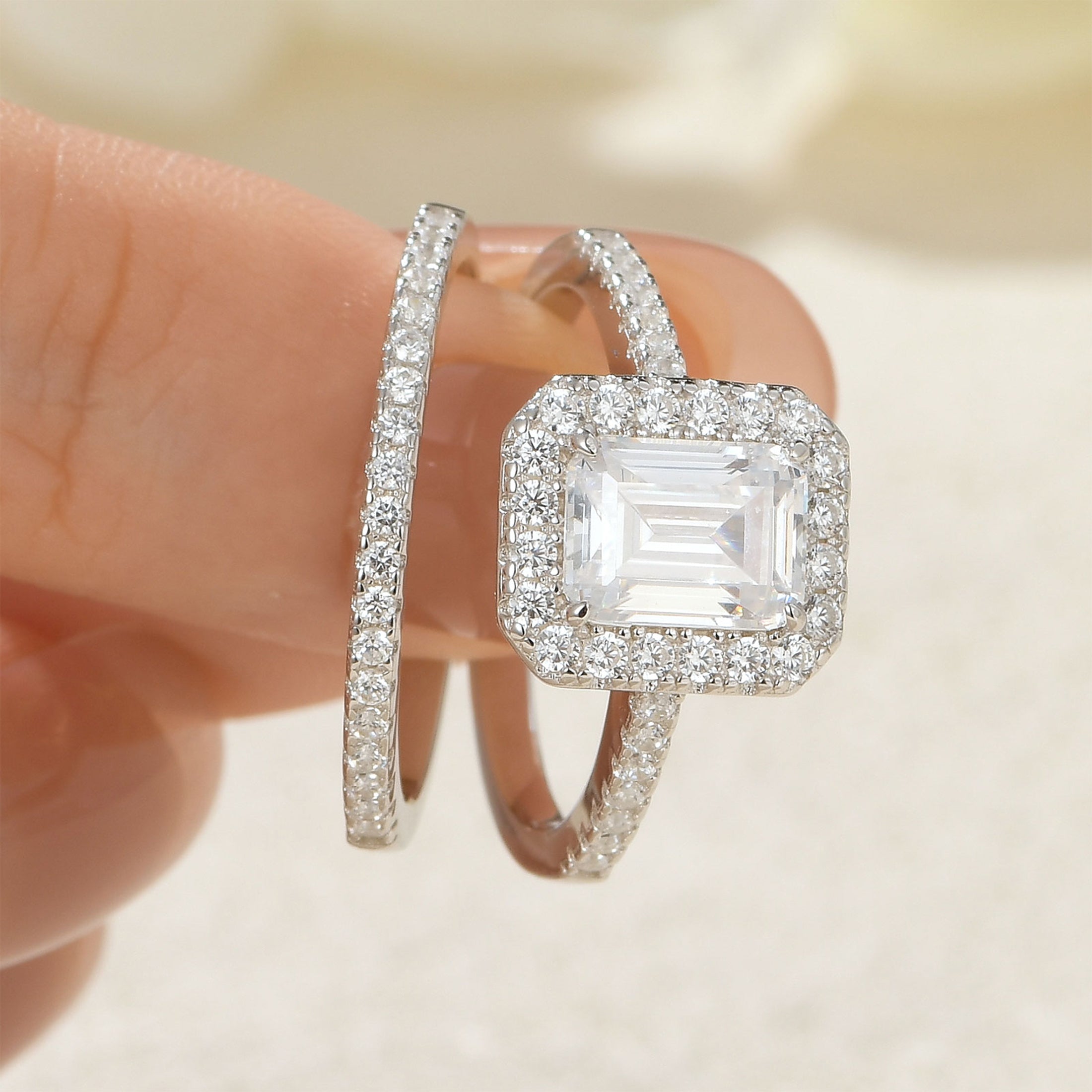 Blongme Jewelry Wedding Rings for Women 925 Sterling Silver Emerald Cut 3.0ct AAAAA Cubic Zirconia Engagement Ring Enhancer Band Bridal Set Size 5-10