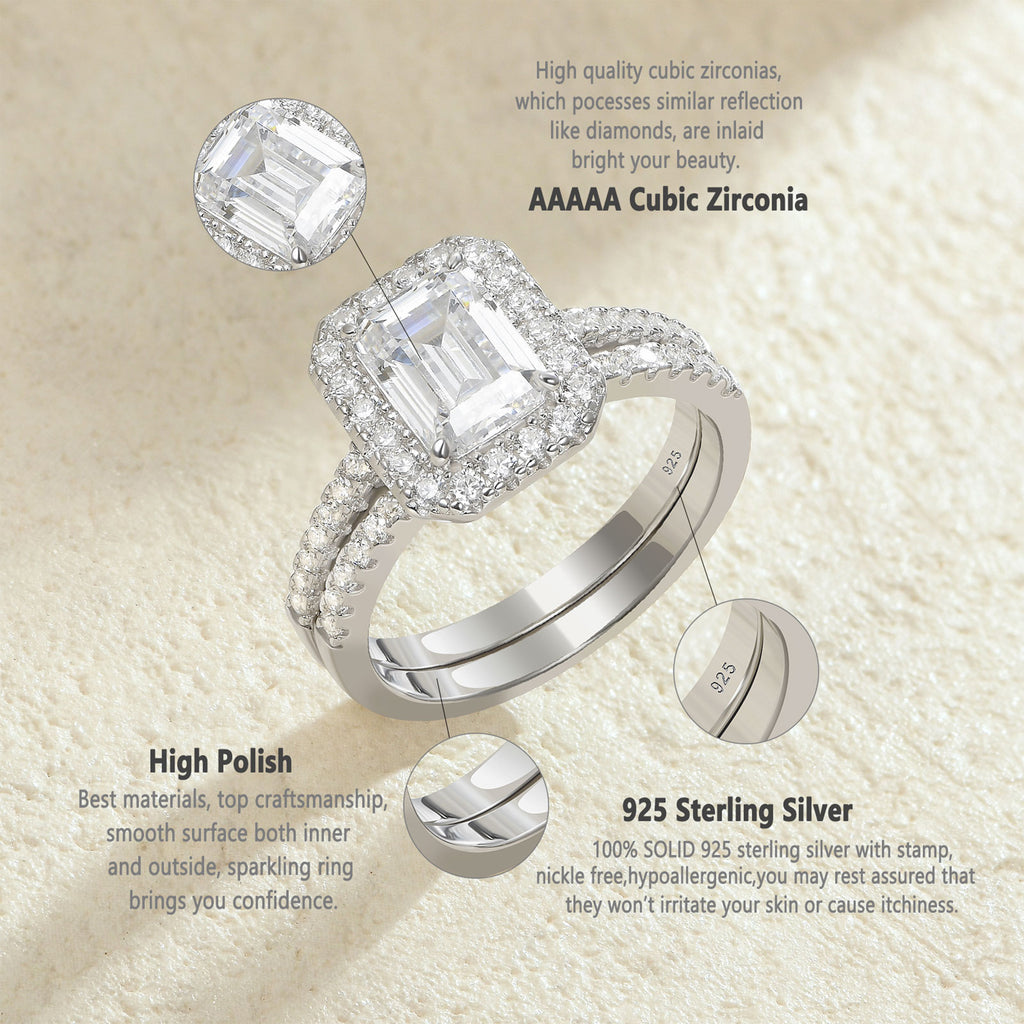 Blongme Jewelry Wedding Rings for Women 925 Sterling Silver Emerald Cut 3.0ct AAAAA Cubic Zirconia Engagement Ring Enhancer Band Bridal Set Size 5-10
