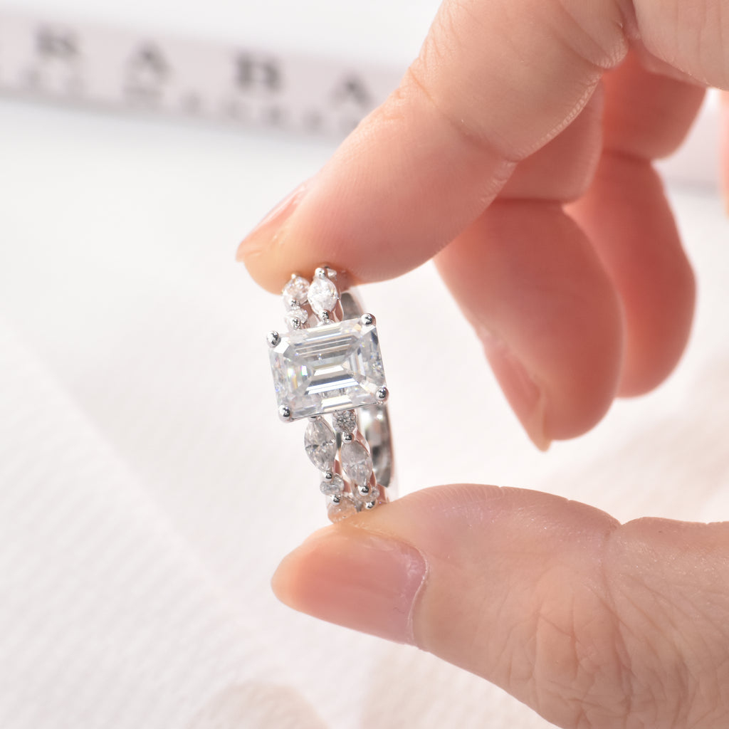 Blongme Moissanite Wedding Rings for Women Engagement Ring Bridal Set 7*9mm 3.0Ct Emerald Cut Halo D Color VVS1 Size5-10