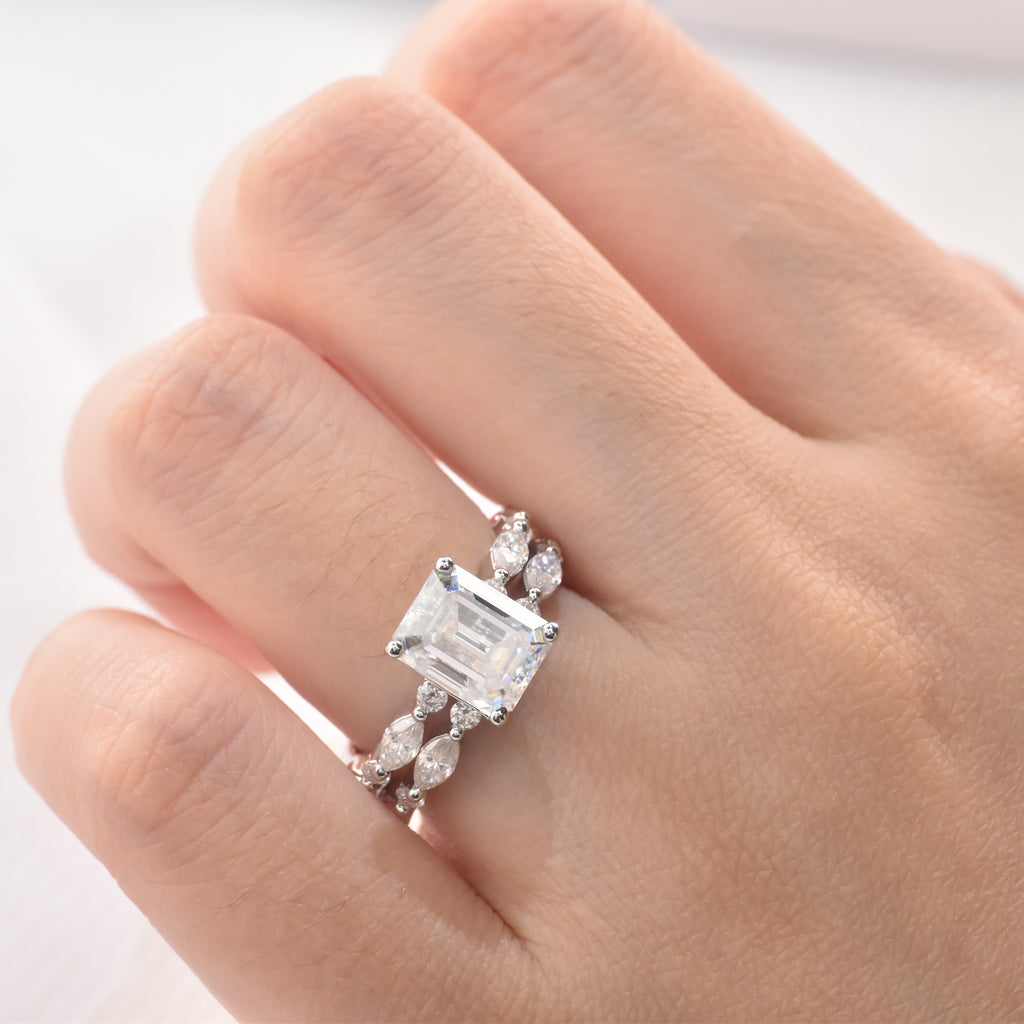Blongme Moissanite Wedding Rings for Women Engagement Ring Bridal Set 7*9mm 3.0Ct Emerald Cut Halo D Color VVS1 Size5-10