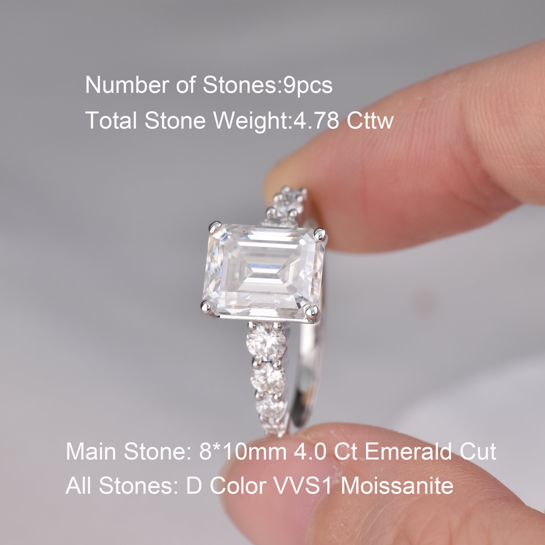 Blongme Moissanite Engagement Rings for Women 8 x 10 mm 4.0 Ct Emerald Cut D Color VVS1 Wedding Ring