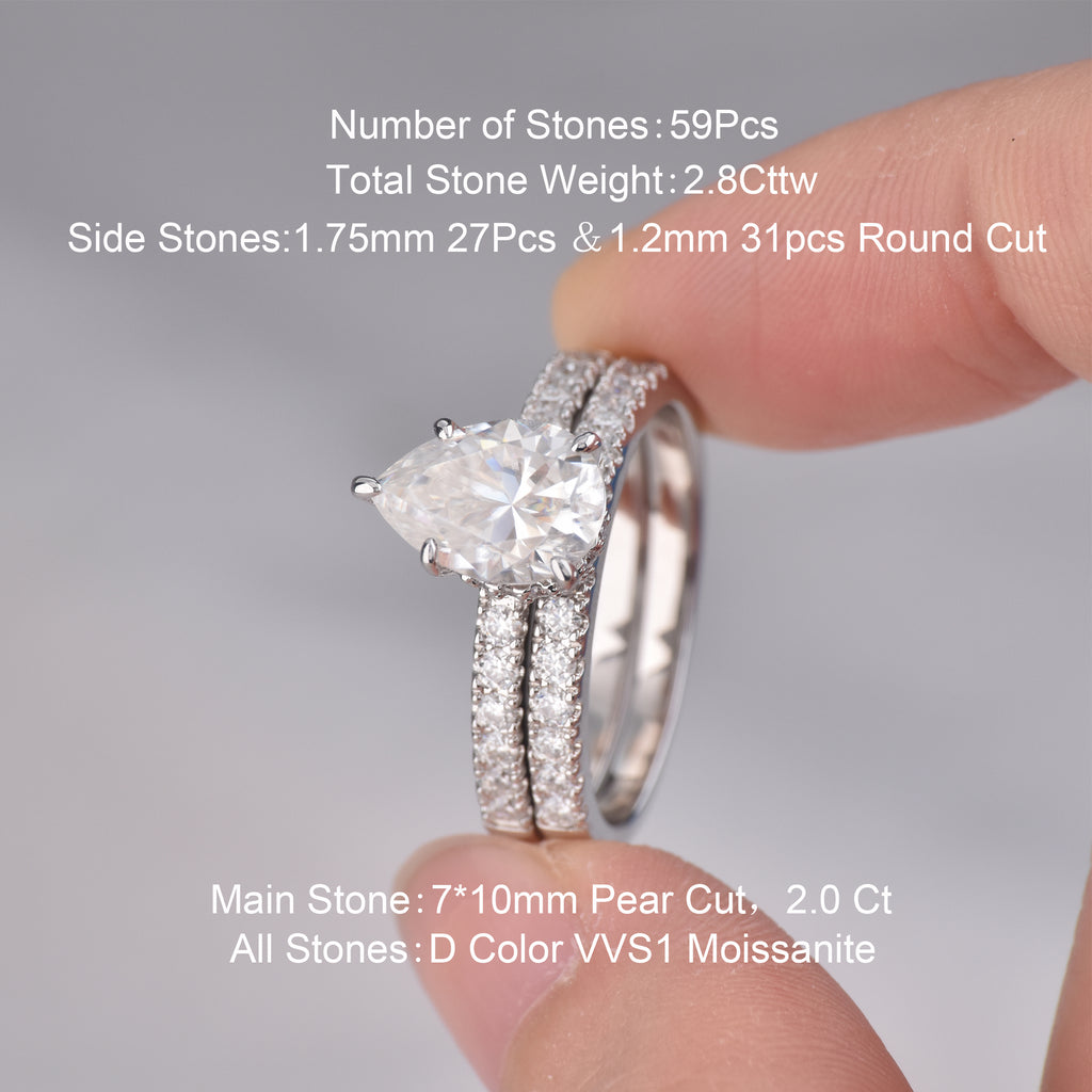 Blongme Moissanite Wedding Rings for Women Engagement Ring Bridal Set 2.0Ct Pear Cut D Color VVS1