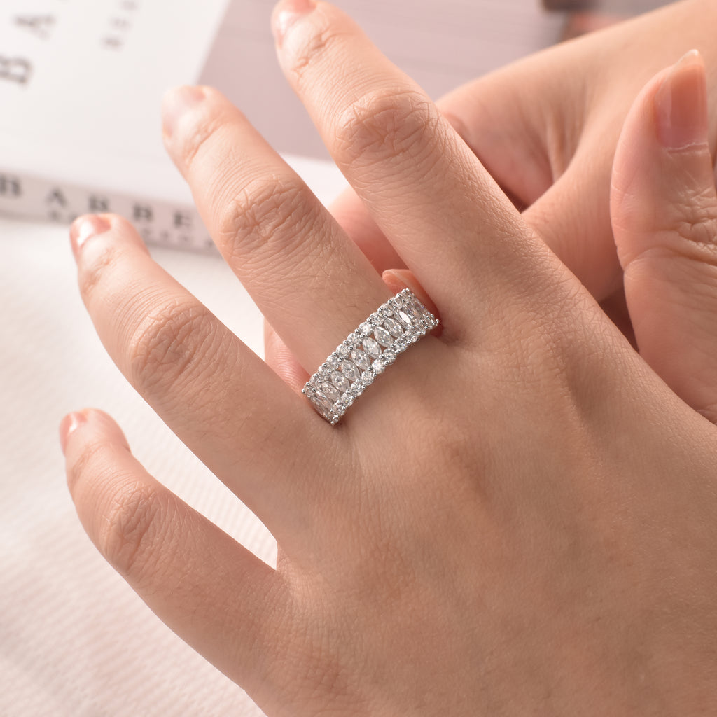 Blongme Moissanite Wedding Bands for Women 2.0ct Marquise Cut D Color VVS1 Three Row Eternity Wedding Ring