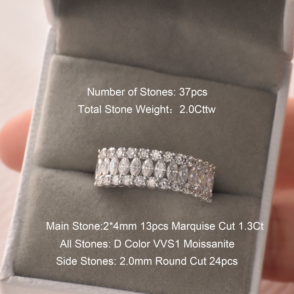 Blongme Moissanite Wedding Bands for Women 2.0ct Marquise Cut D Color VVS1 Three Row Eternity Wedding Ring