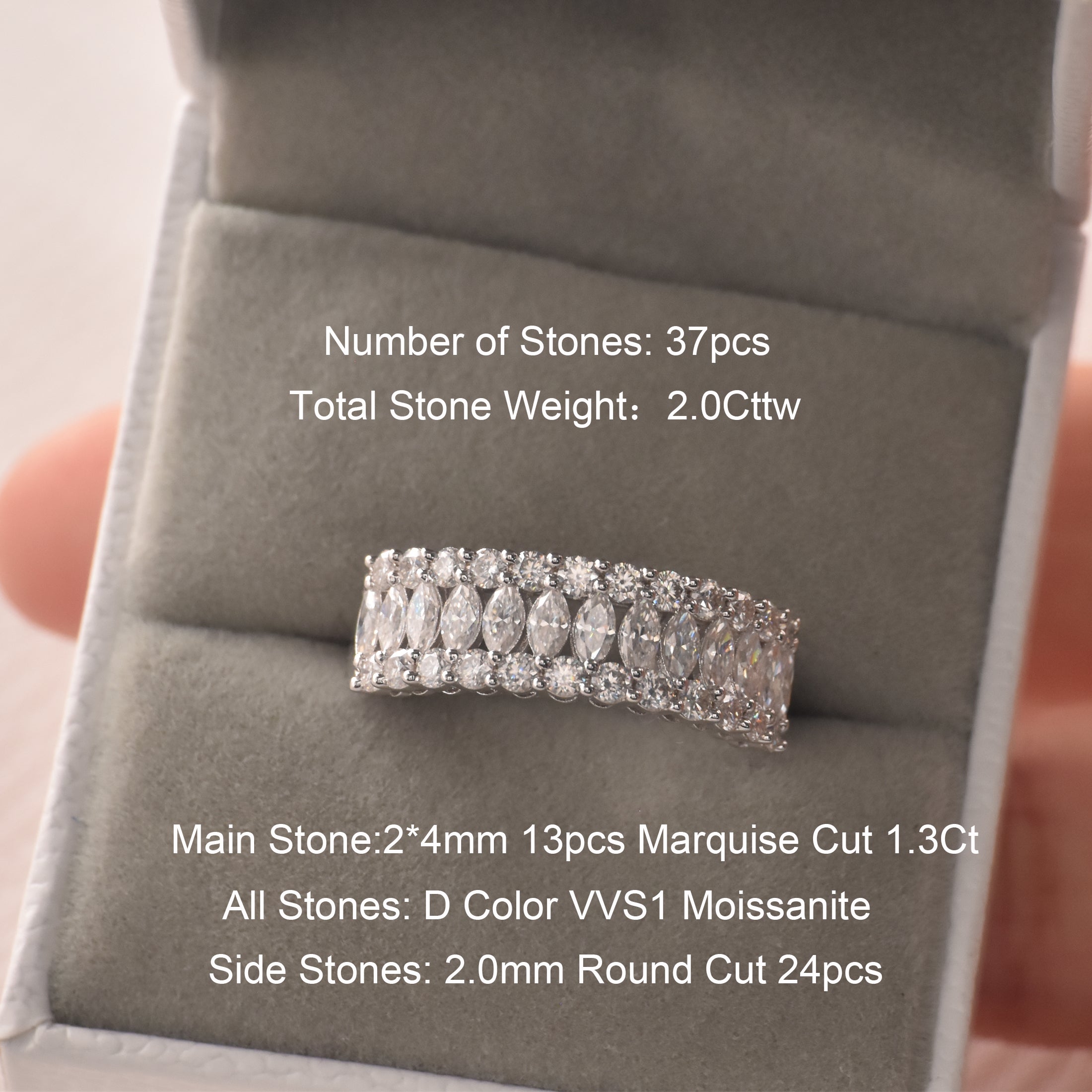 Blongme Moissanite Wedding Bands for Women 2.0ct Marquise Cut D Color VVS1 Three Row Eternity Wedding Ring