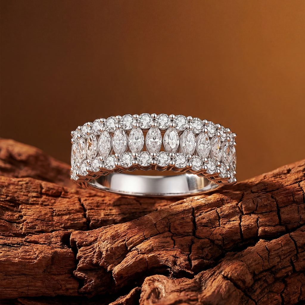 Blongme Moissanite Wedding Bands for Women 2.0ct Marquise Cut D Color VVS1 Three Row Eternity Wedding Ring