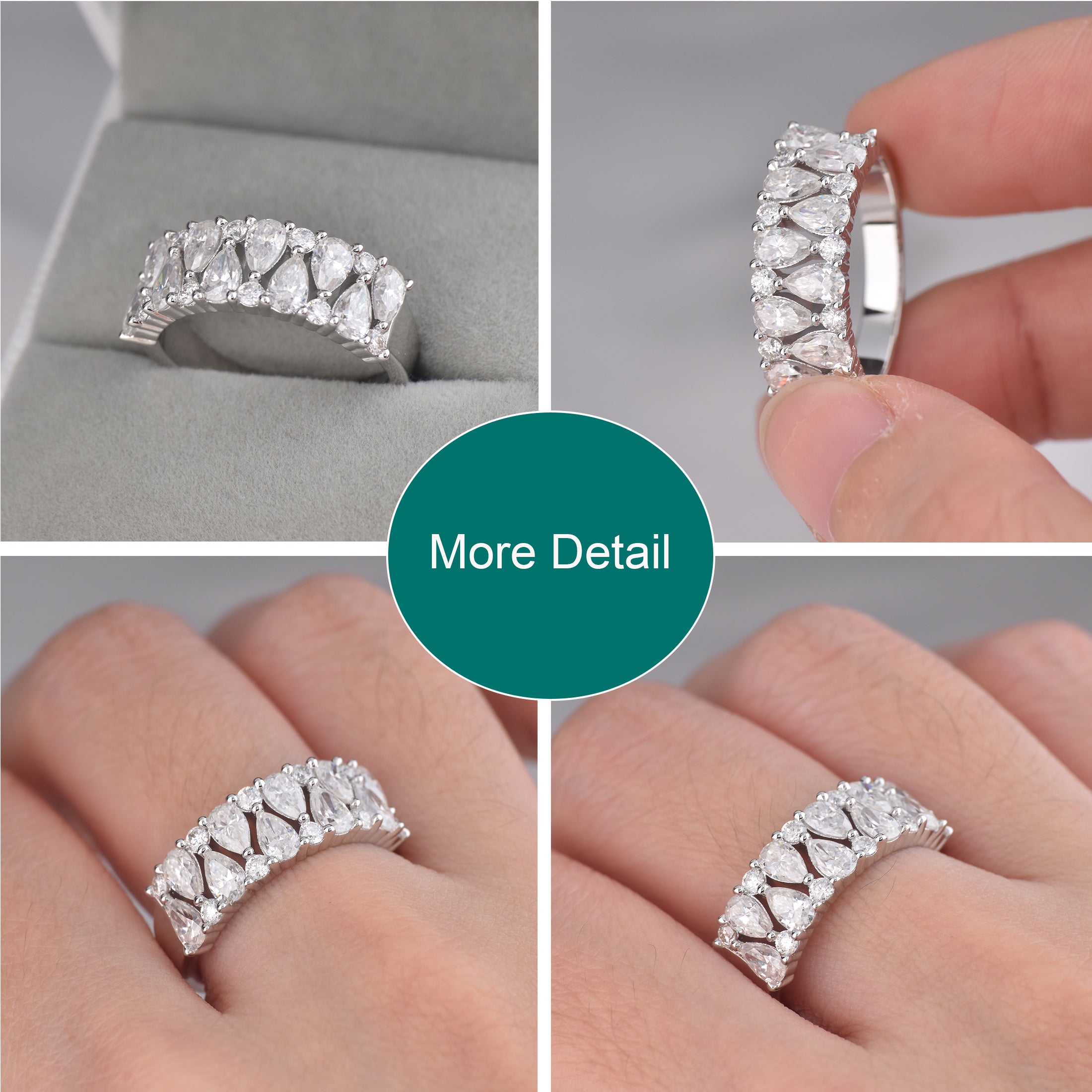 Blongme Womens Moissanite Wedding Band Rings Two Row D Color VVS1 Pear Cut 3.8ct Engagement Stackable Eternity Anniversary Band Gift for Her