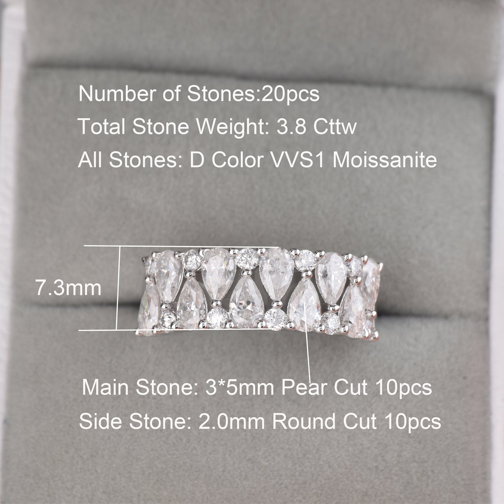 Blongme Womens Moissanite Wedding Band Rings Two Row D Color VVS1 Pear Cut 3.8ct Engagement Stackable Eternity Anniversary Band Gift for Her