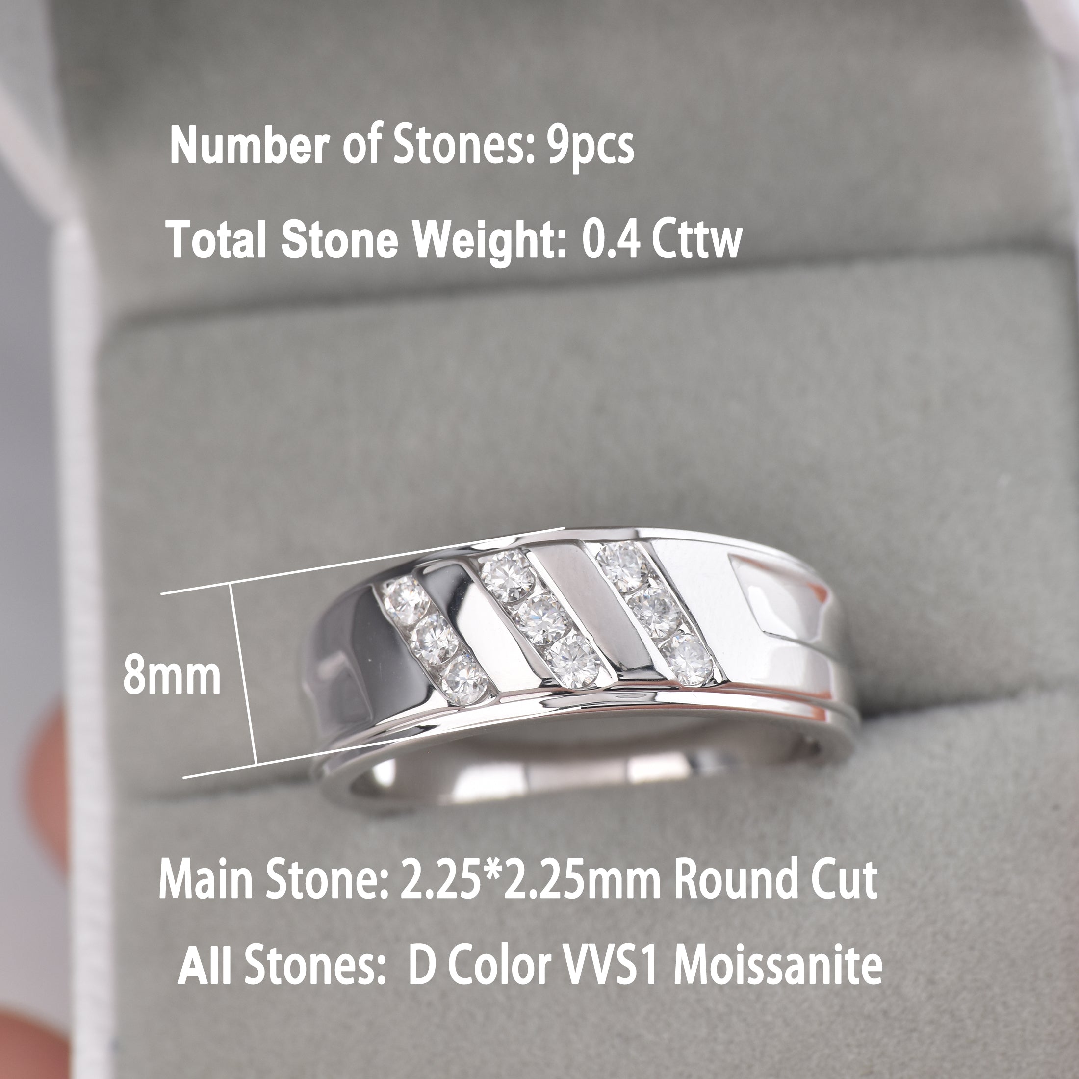 Moissanite Rings for Men D Color VVS1 Round Cut 0.4ct White Gold Plated Mens Wedding Band & Eternity Ring Engagement