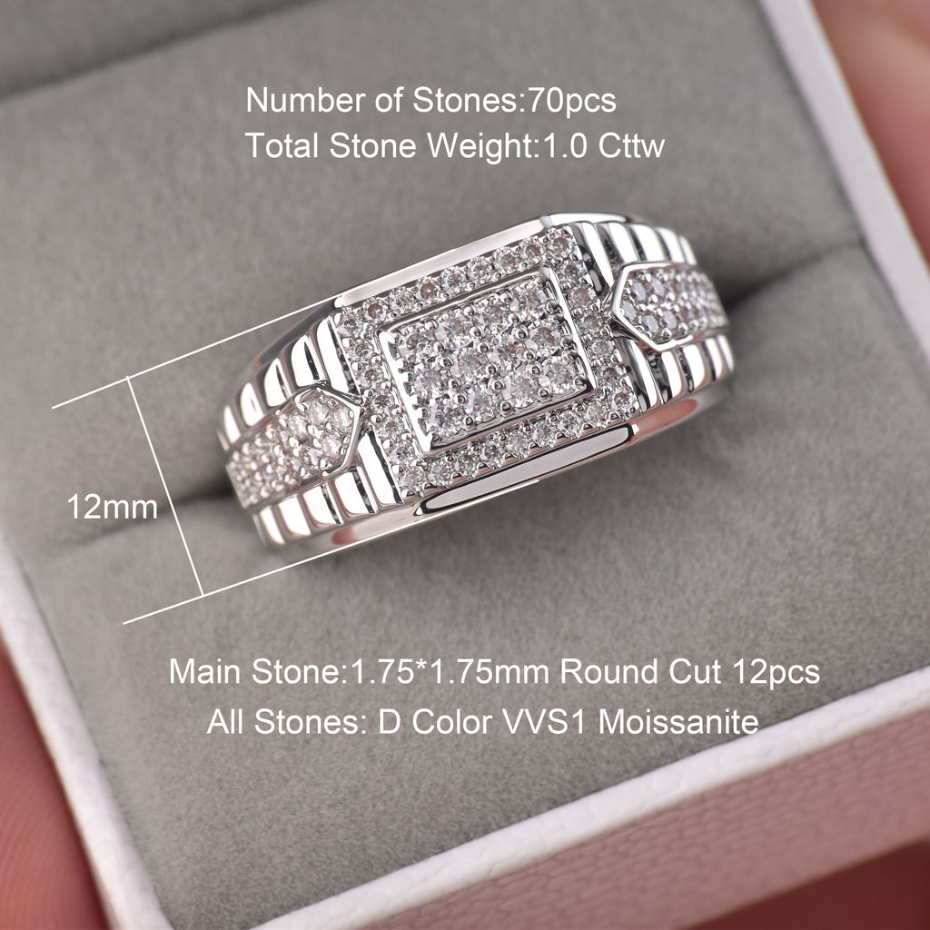 Moissanite Rings for Men D Color VVS1 Round Cut 1.0ct White Gold Plated Mens Wedding Band Eternity Ring Promise Rings for Him