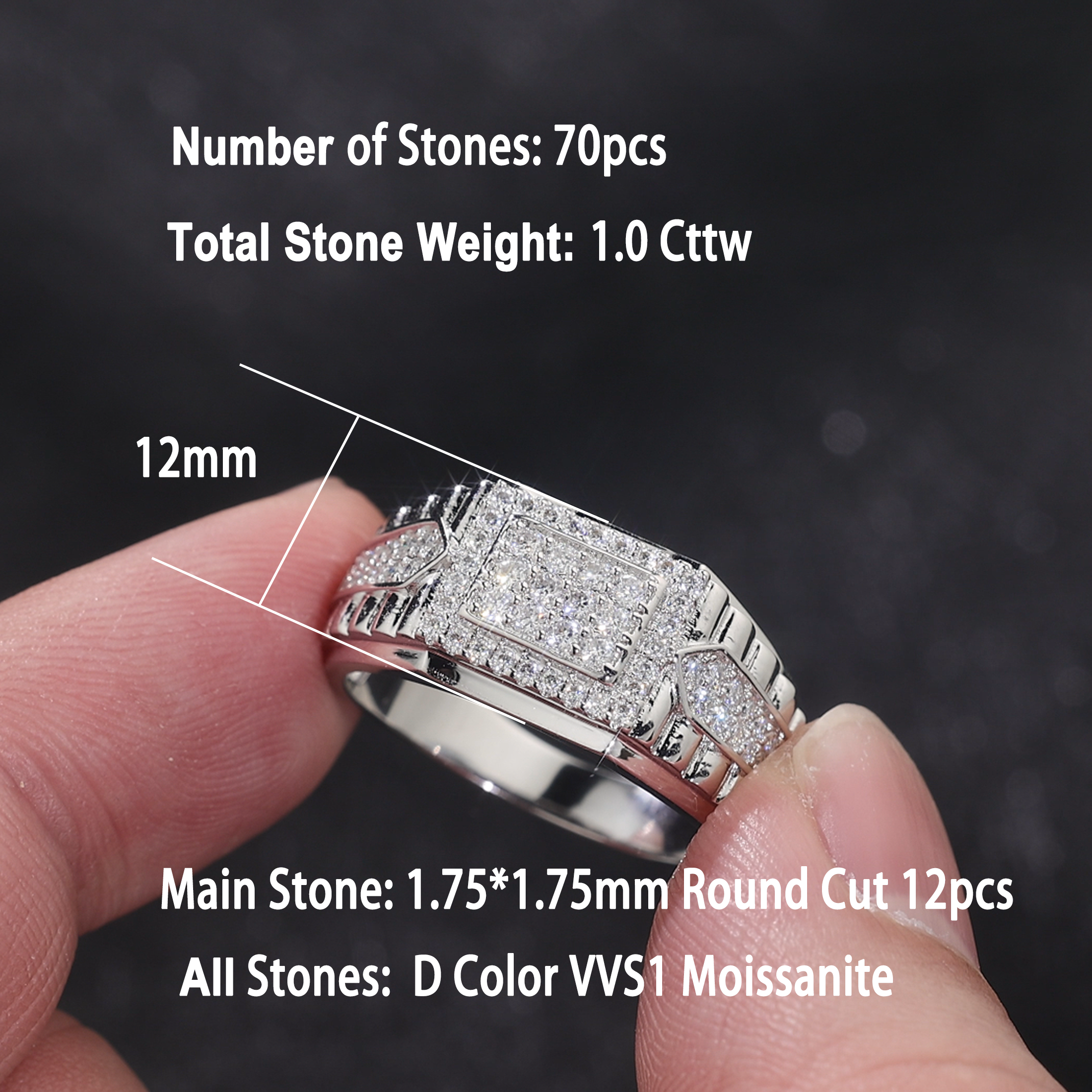 Moissanite Rings for Men D Color VVS1 Round Cut 1.0ct White Gold Plated Mens Wedding Band Eternity Ring Promise Rings for Him