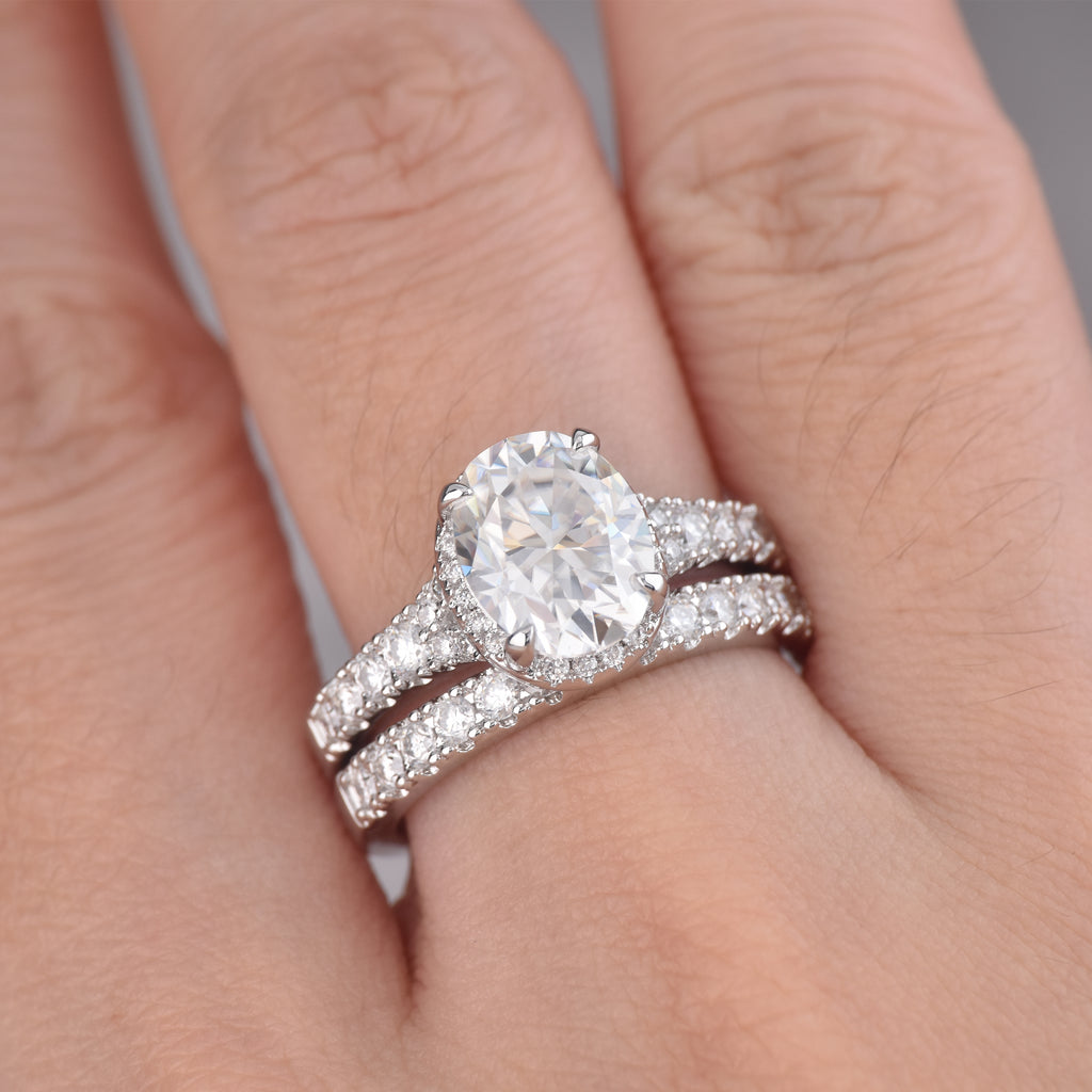 Blongme Moissanite Wedding Rings for Women Engagement Ring Bridal Set 3.0Ct Oval Cut Halo D Color VVS1