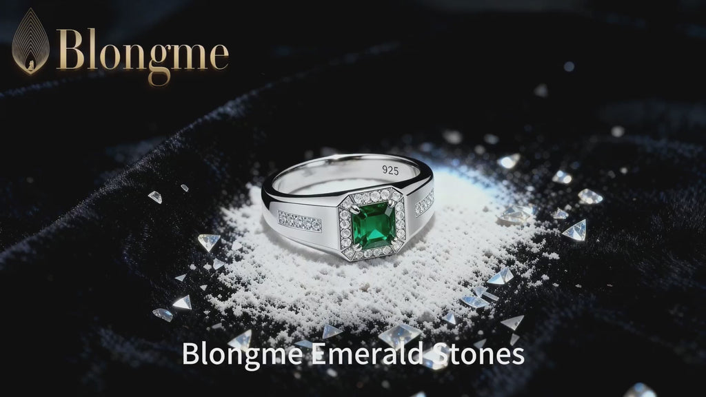 Blongme Jewelry Trendy Men Engagement Rings 925 Sterling Silver 6*6mm 1.25 CT Princess Cut Green Cubic Zirconia Wedding Band for Him Ring Size 8-12