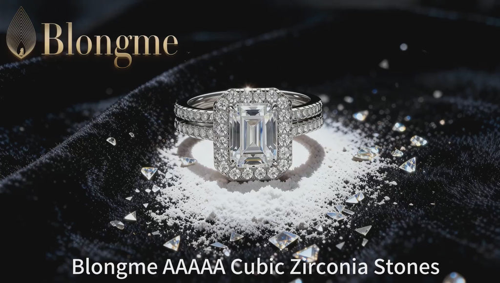 Blongme Jewelry Wedding Rings for Women 925 Sterling Silver Emerald Cut 3.0ct AAAAA Cubic Zirconia Engagement Ring Enhancer Band Bridal Set Size 5-10