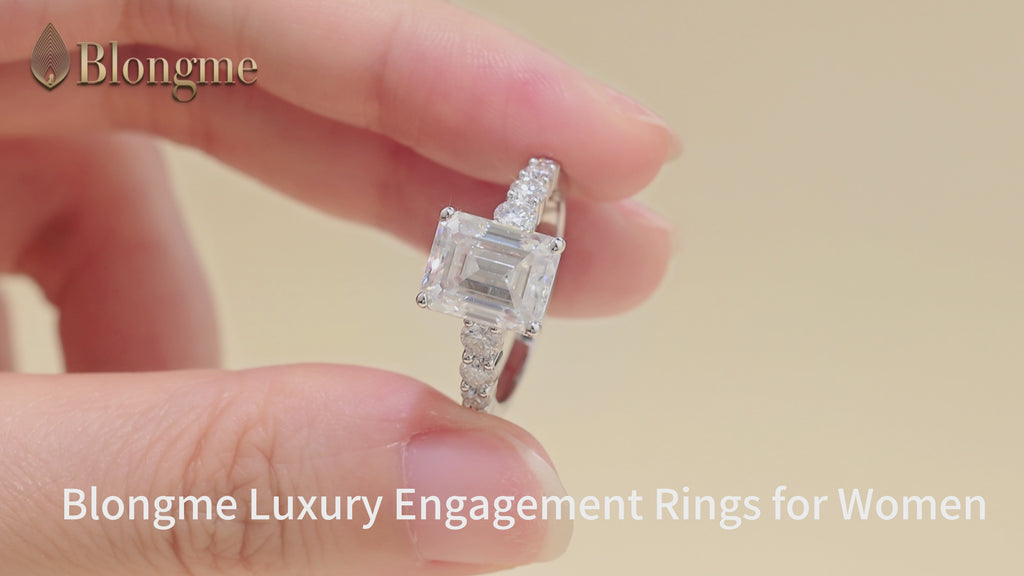 Blongme Moissanite Engagement Rings for Women 8 x 10 mm 4.0 Ct Emerald Cut D Color VVS1 Wedding Ring