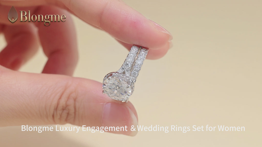Blongme Moissanite Wedding Rings for Women Engagement Ring Bridal Set 3.0Ct Oval Cut Halo D Color VVS1